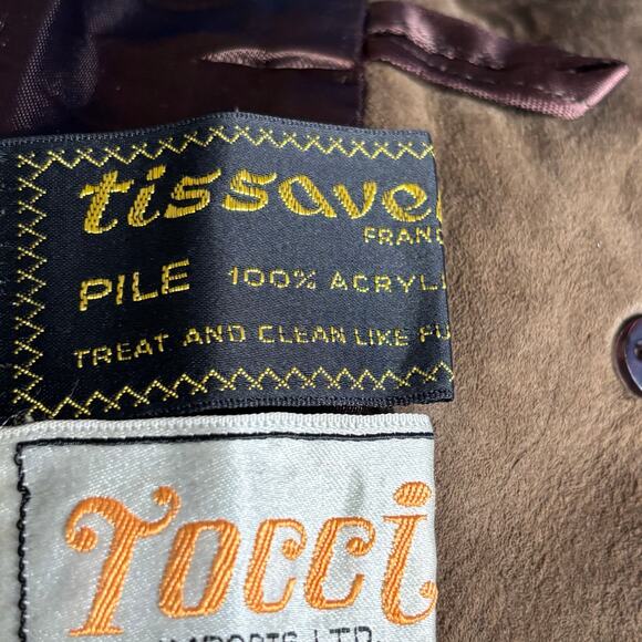 Vintage 70s Tocci England Faux Fur Suede Leather Belted Coat Burgundy Lined - Picture 15 of 16